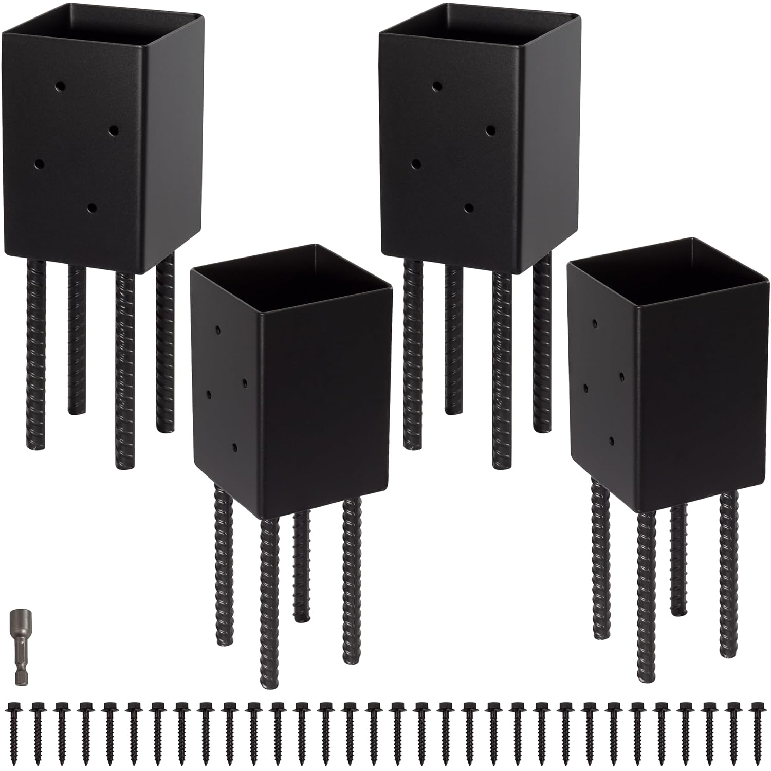 4x4 Post Base Holder Ground Spike Use for Concrete Deck - Post Anchor Brackets Metal Black Powder Coated 4 Inches x 4