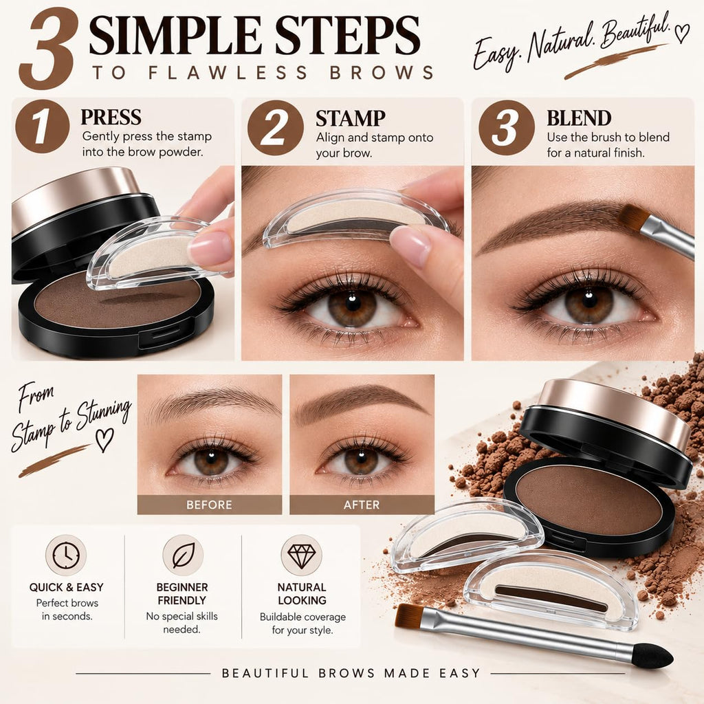 Eyebrow Stamp, Waterproof Brow Powder for Natural-Looking Brows in 3 Seconds, 3 Brow Shapes, Smudge-Resistant &