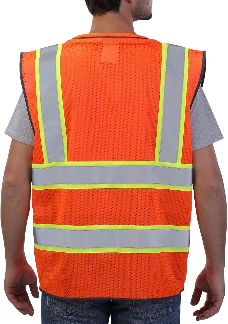 Hi Vis Reflective Safety Vest for Men Women Orange Mesh/Yellow XL | High Visibility Construction Work Vest with