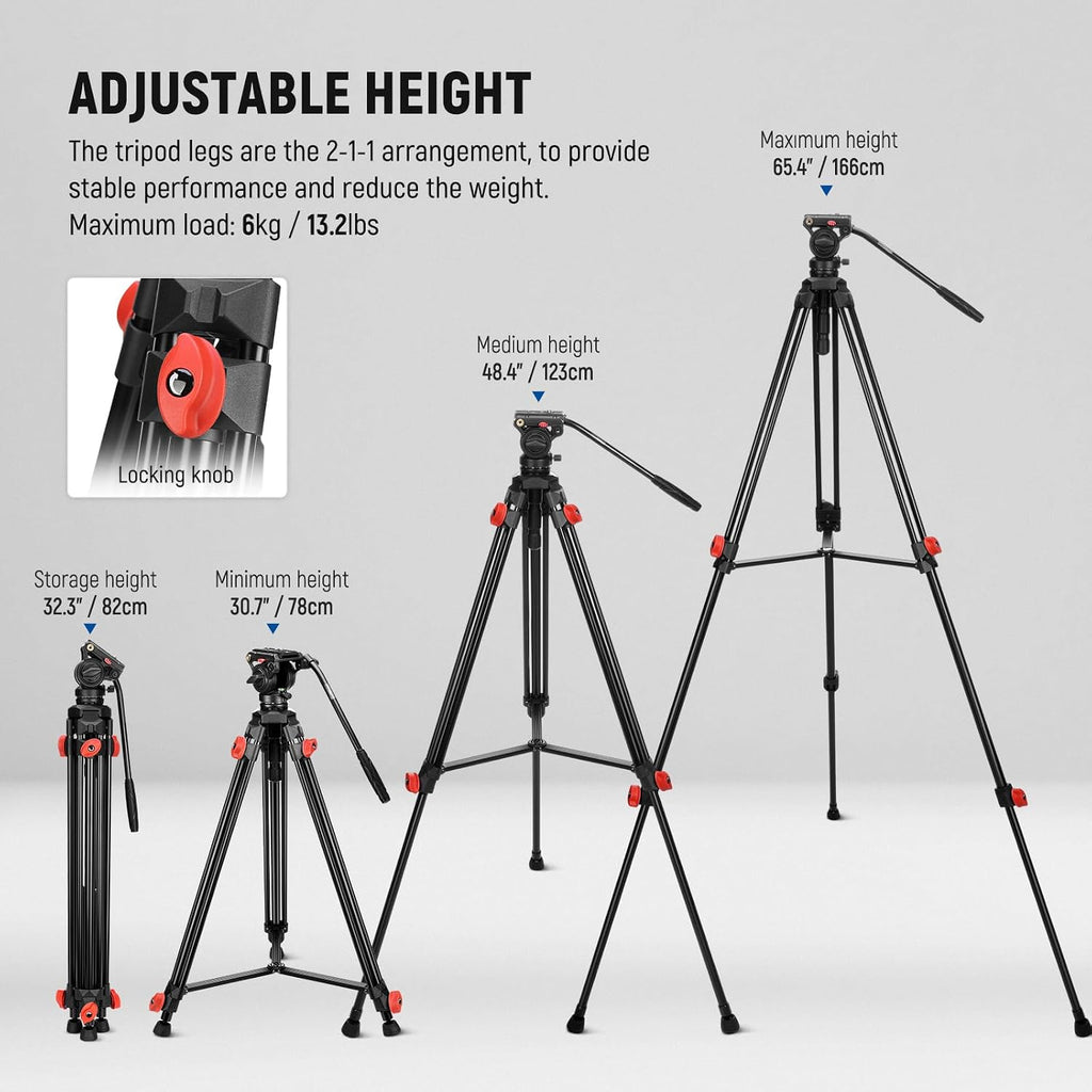 Video Tripod with Fluid Head, Heavy Duty Aluminum Compact Portable Camera Tripod Stand for DSLR Camcorder Compatible