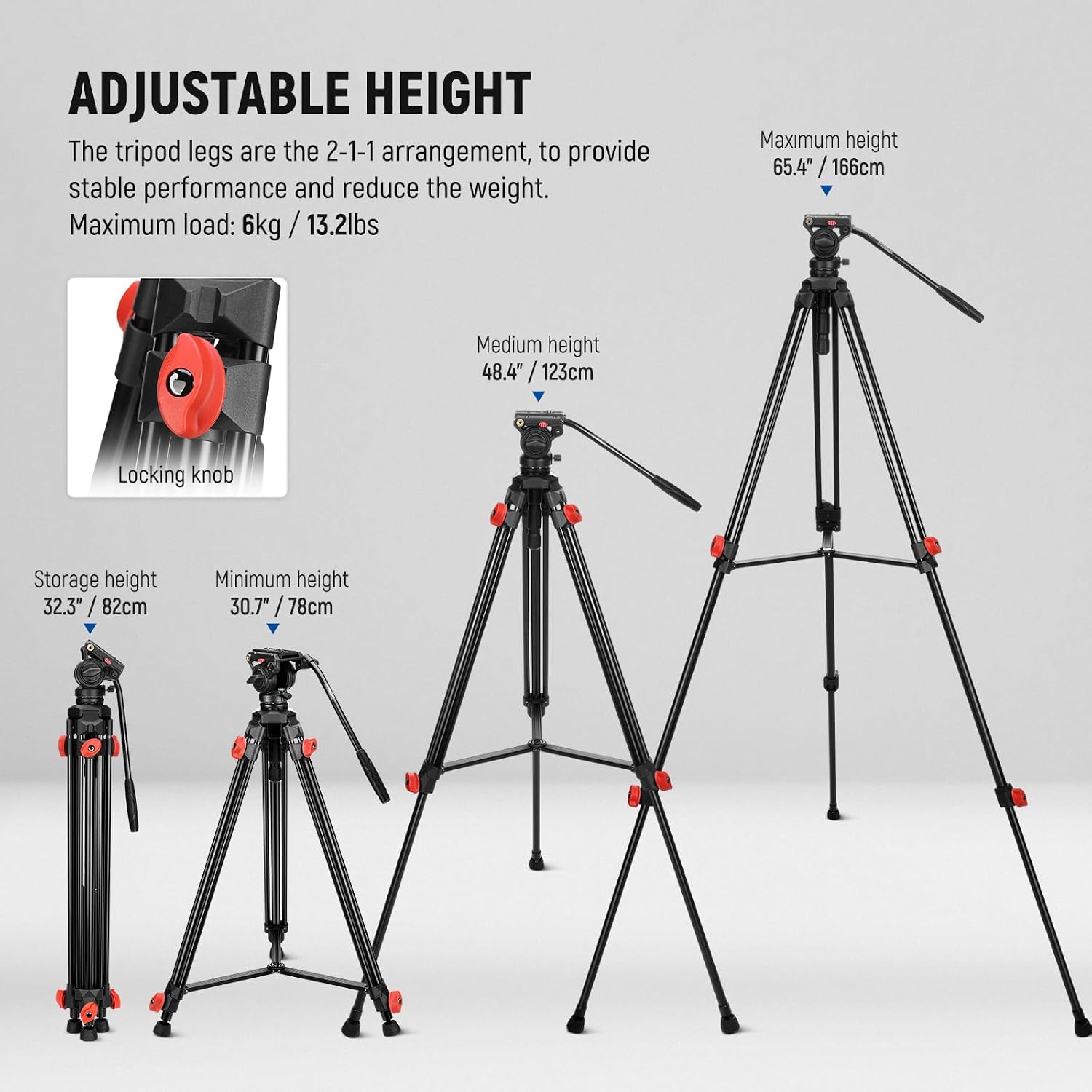 Video Tripod with Fluid Head, Heavy Duty Aluminum Compact Portable Camera Tripod Stand for DSLR Camcorder Compatible