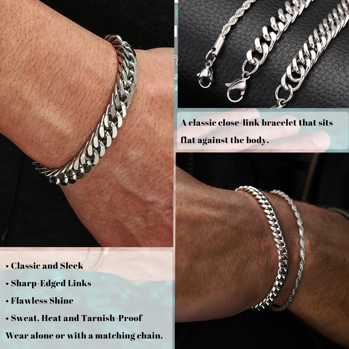 3Pcs Stainless Steel Mens Bracelet | Adjustable Sturdy Silver Cuban Chain Bracelet Set for Men