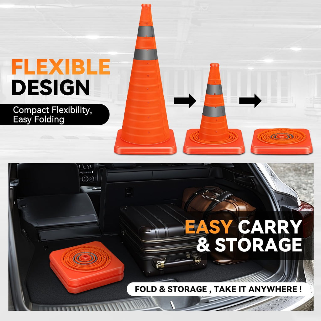 28" Collapsible Traffic Safety Cones, 2-Pack Reflective Orange | Heavy-Duty PVC, Weighted Base for Stability