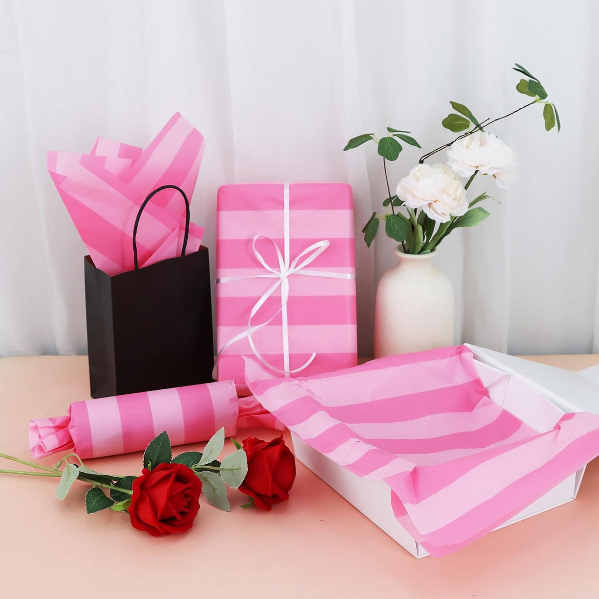30 Sheets Rose Pink Big Stripe Tissue Paper Bulk for Gift Wrapping