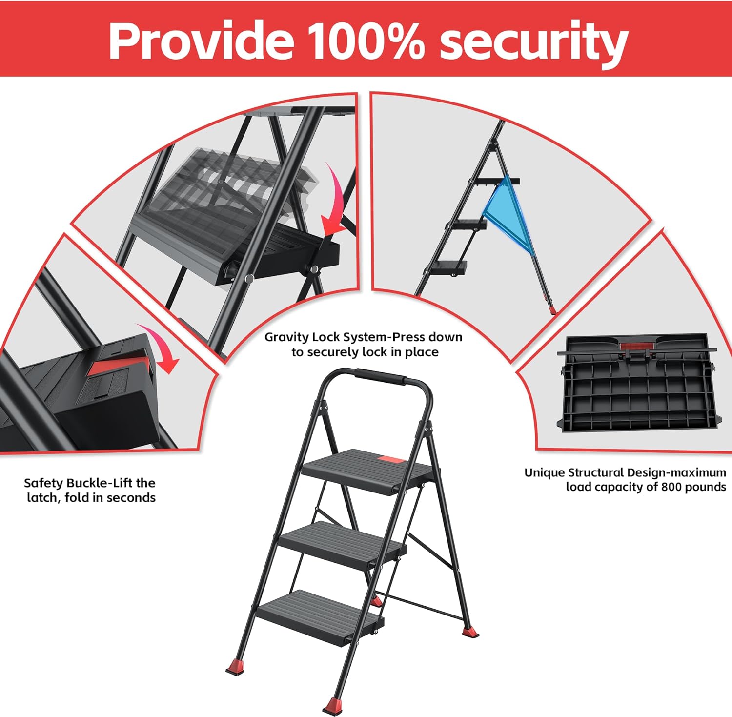 3 Step Ladder Foldable Folding Stool - for Home Adults Kitchen, Iron, Black, Extension Tall Heavy Duty with Handrails