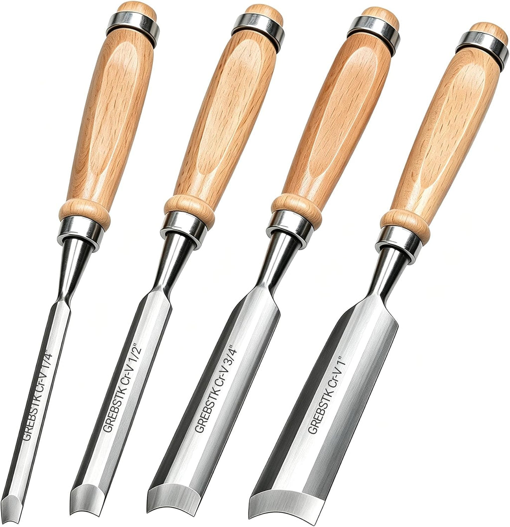 4PC Wood Chisel Gouge Set, CR-V Hardened Semi-Circular Blades, Ergo Grips | Edge Retention, Low-Vibration Cuts