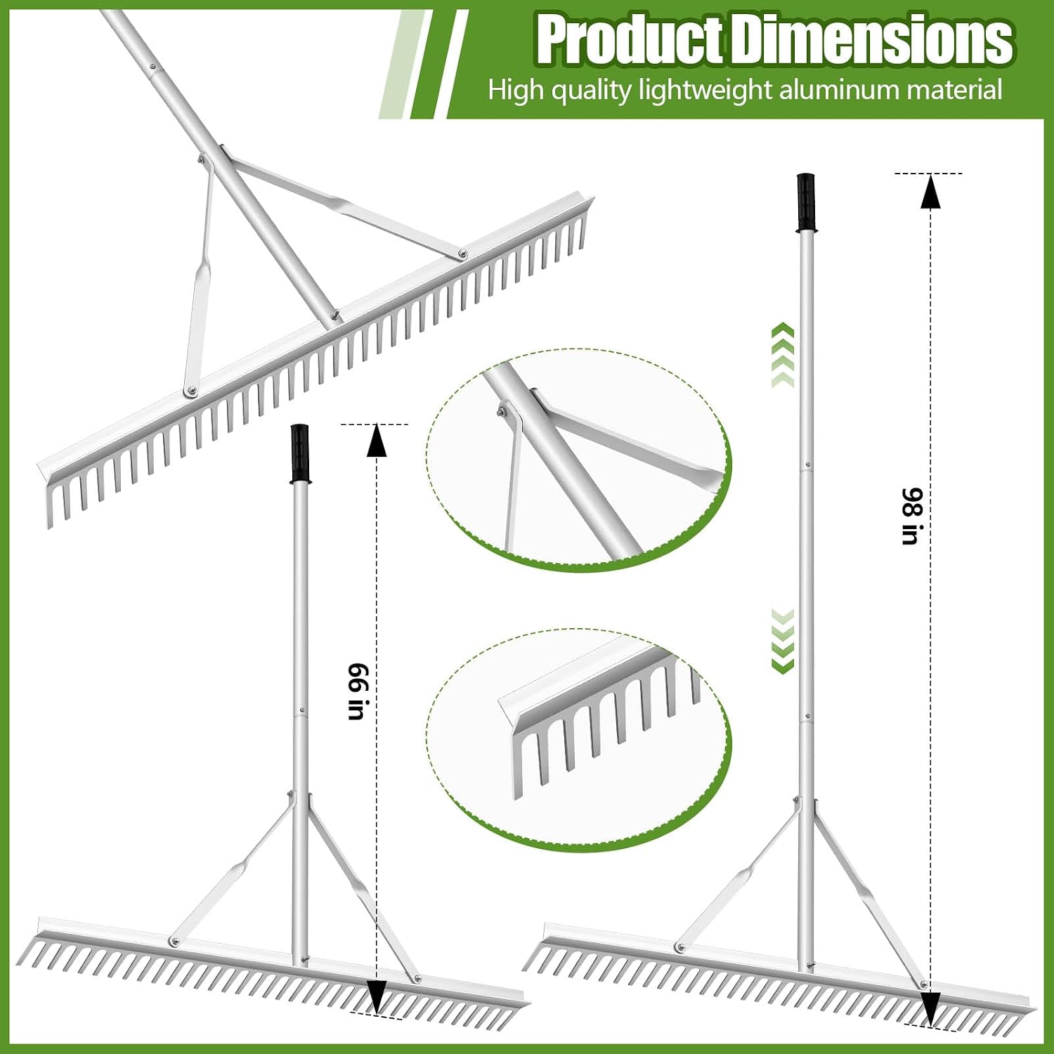 Aluminum Maintenance Rake 36 Inch Baseball Field Garden Landscape Rake with 66''-98'' Adjustable Handle for Yard