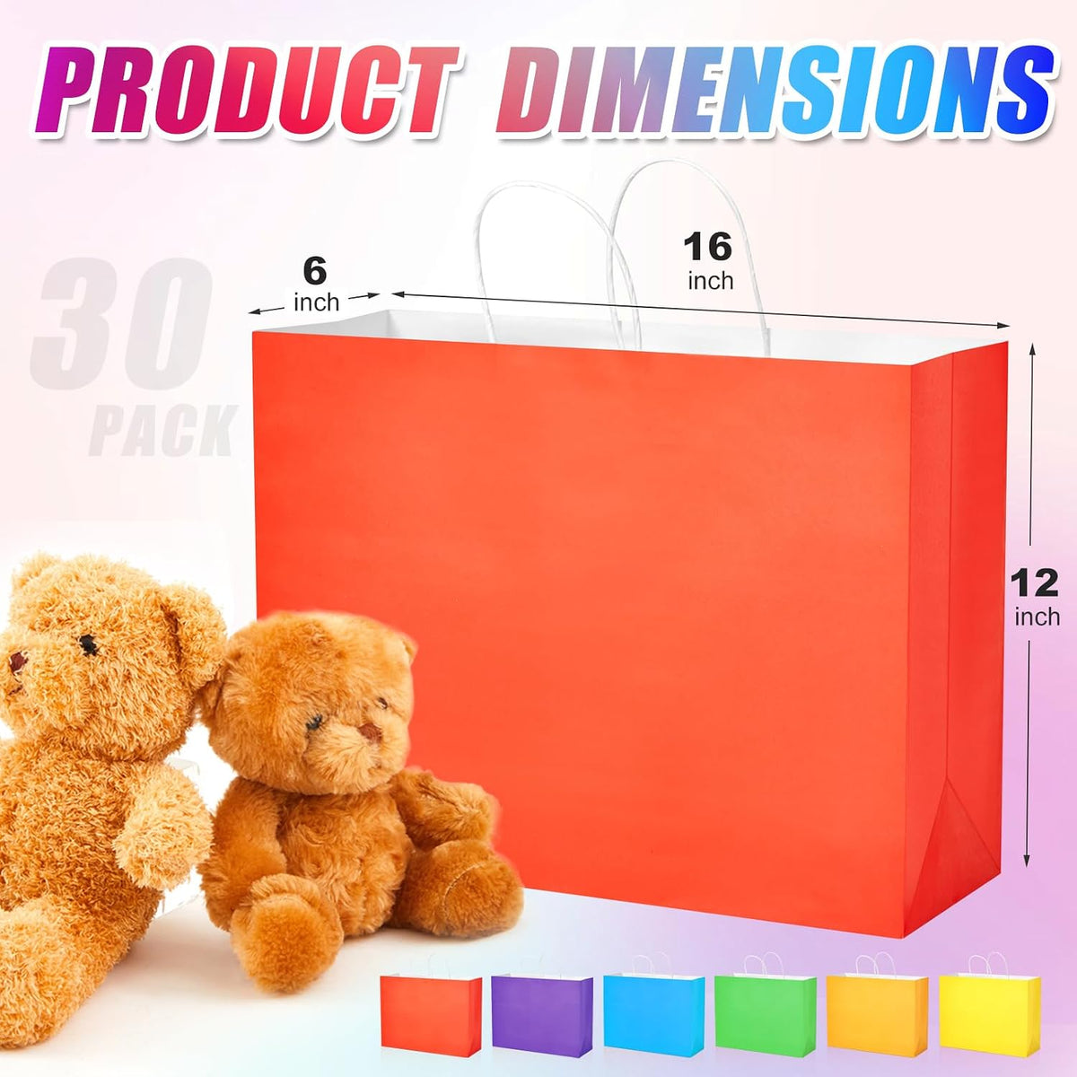 30 Pack 16 x 12 x 6 Inch Large Multicolor Paper Bags with Handles