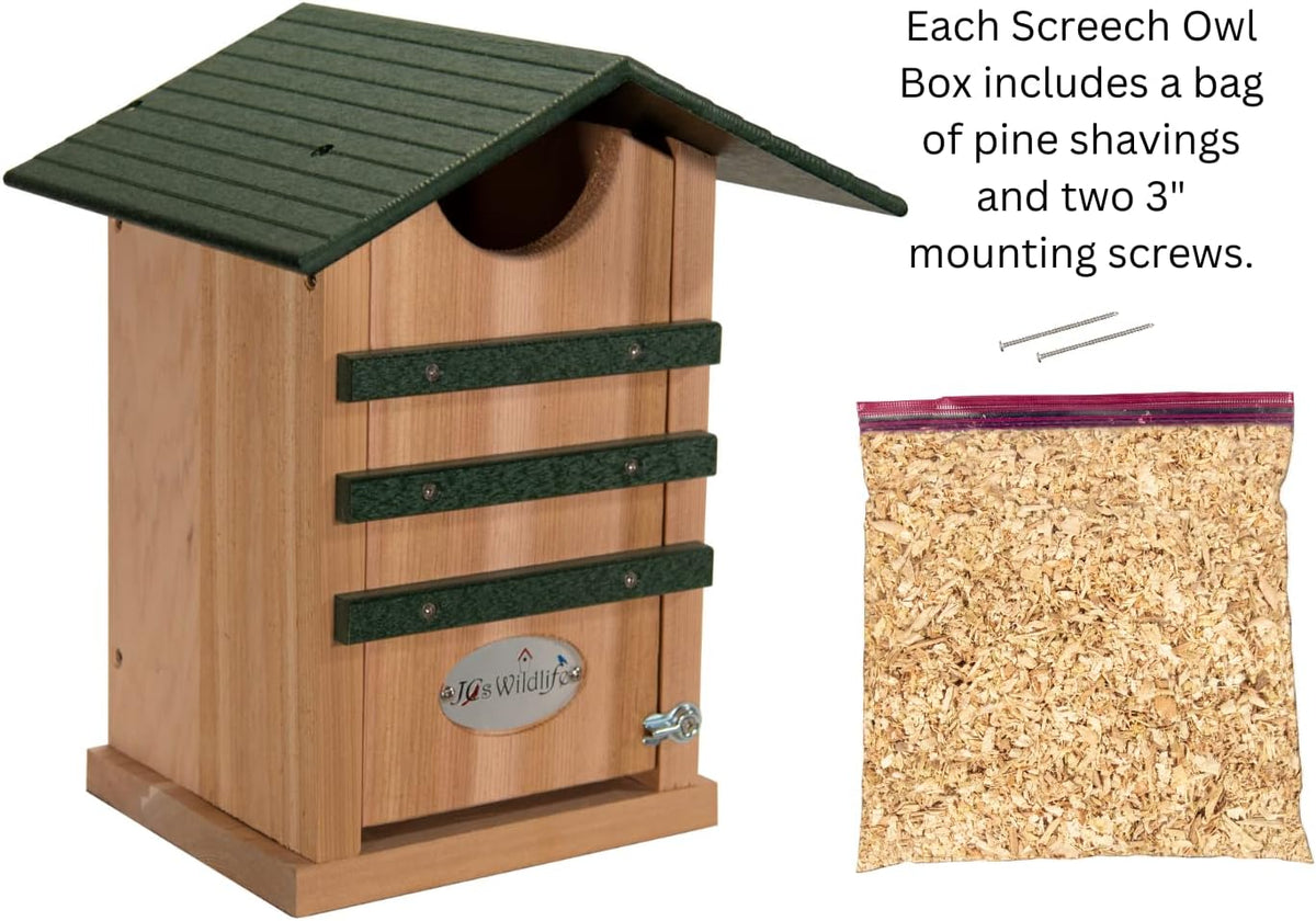 Screech Owl House Cedar Nesting Box with Poly Lumber Roof, Saw-Whet Owl Box for Outside, Drainage Ventilation, Easy