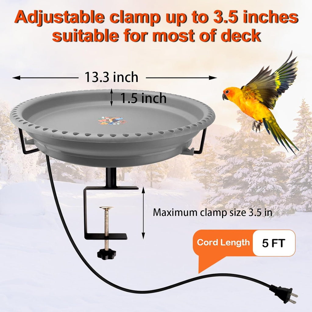 100W Heated Bird Baths for Outdoors, Heated Birdbath for Deck Railing, Grey