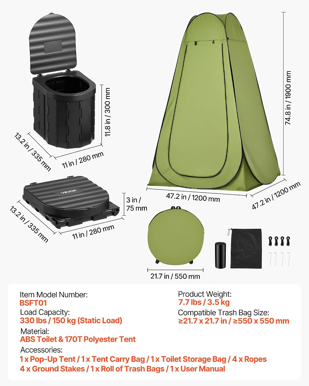 Portable Toilet Kit, 330 lbs Load Capacity, Folding Camping Toilet with Pop-Up Privacy Tent, Outdoor Travel Potty for