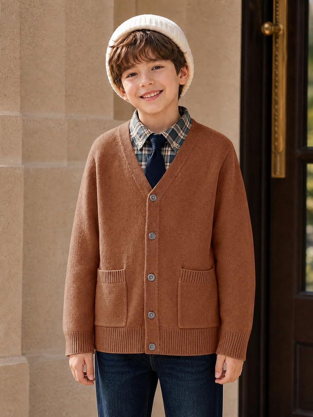 Boys Cardigan Sweater V Neck Button Down Uniform Sweater 5-14Y | Boys Youth School Uniform Cardigan Sweaters with