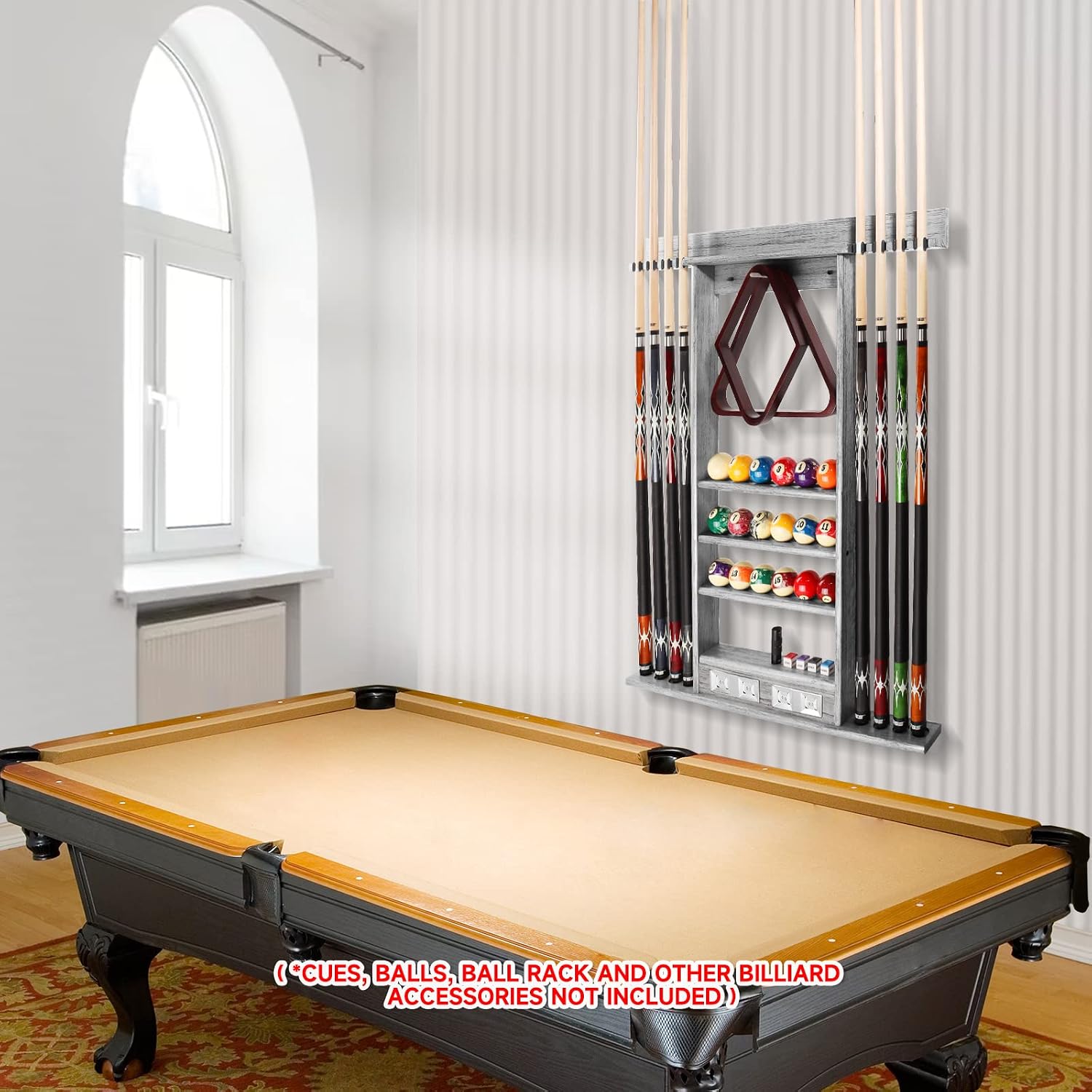 GSE Wall Mount Pool Cue Rack with Score Counters Only, Holds 6/8 Pool Cues | Holds 2 Billiard Ball Racks, Full Set of