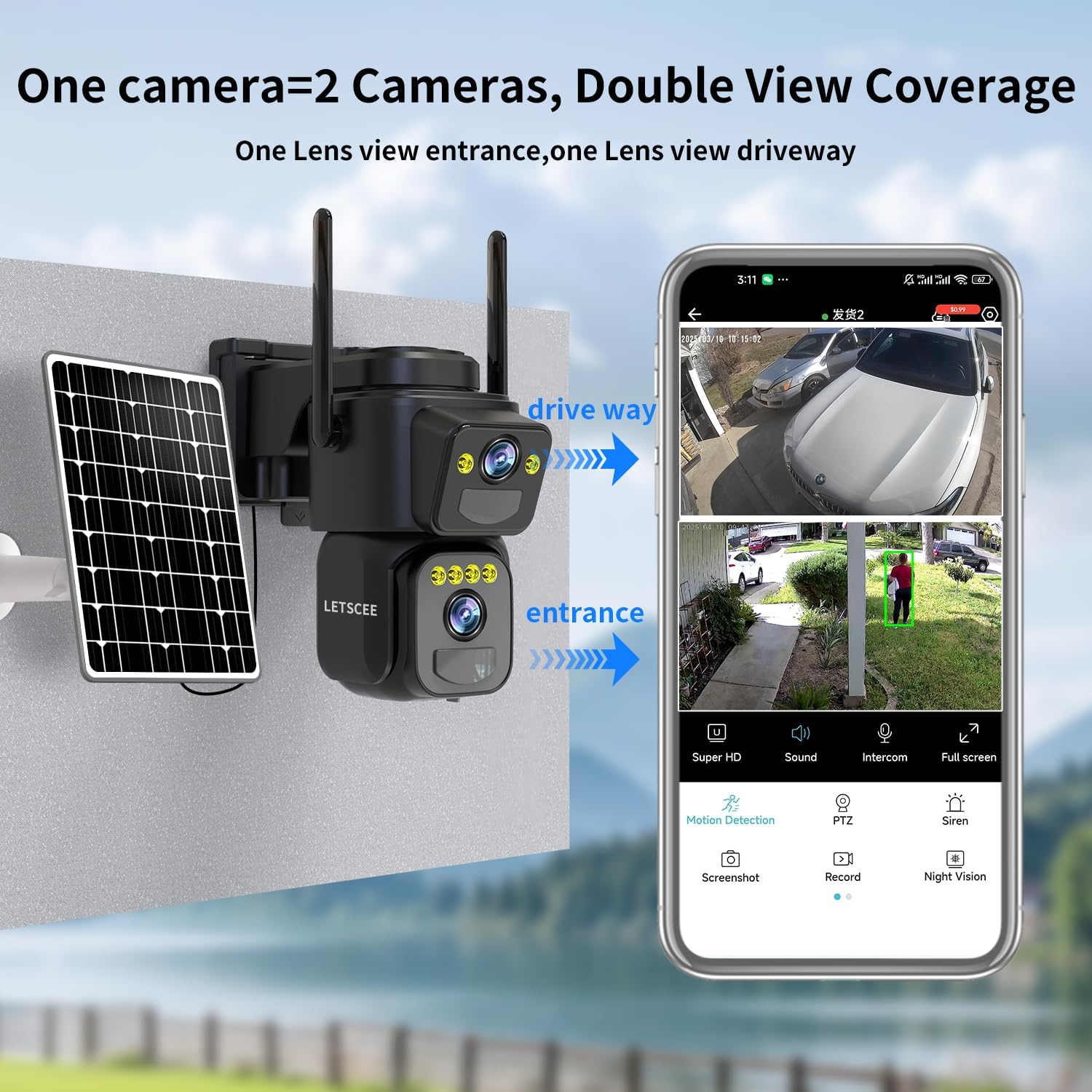 Security Cameras Outdoor WiFi,5G/2.4G Cameras for Home Security Solar Power with Dual Lens,Motion Detection,Night
