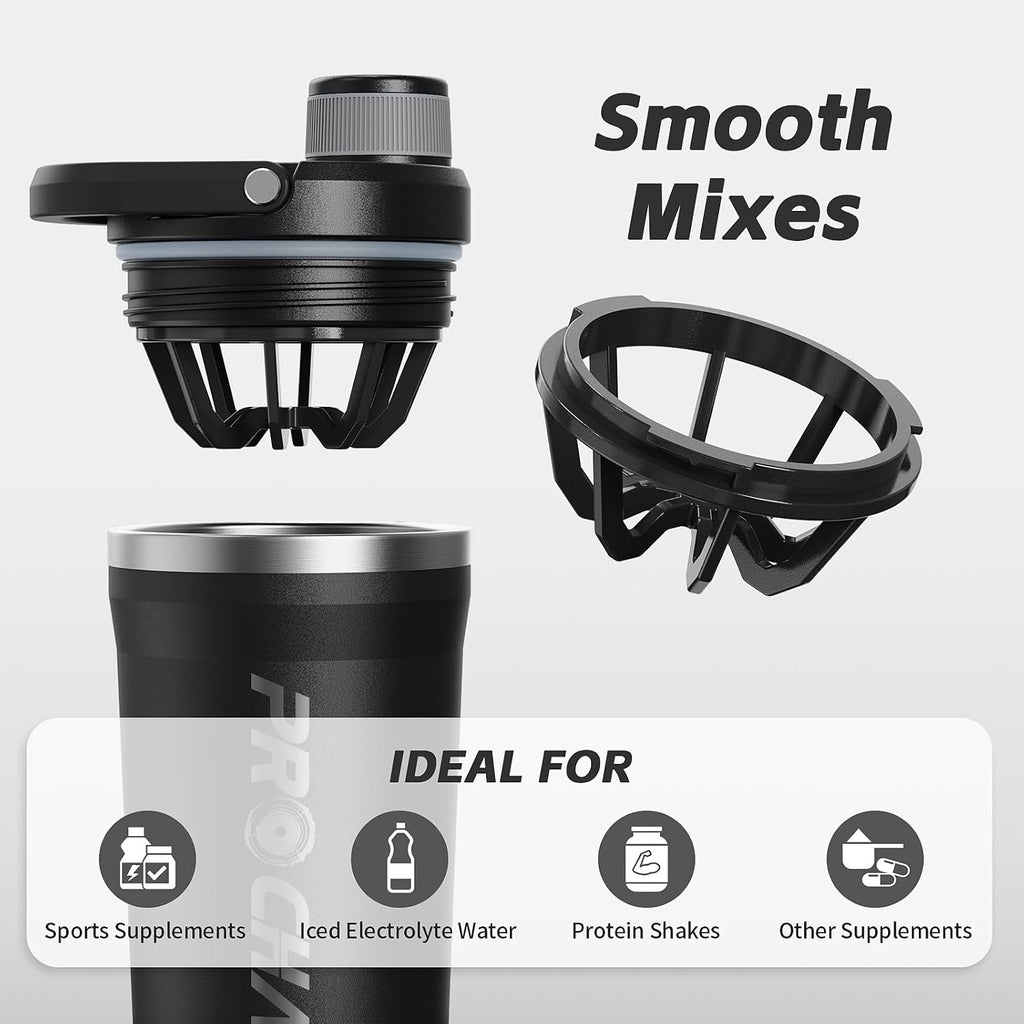 Insulated Stainless Steel Protein Shaker Bottle, 20oz Metal Mixer | Leak-Proof Twist Lock Lid with Detachable Powder
