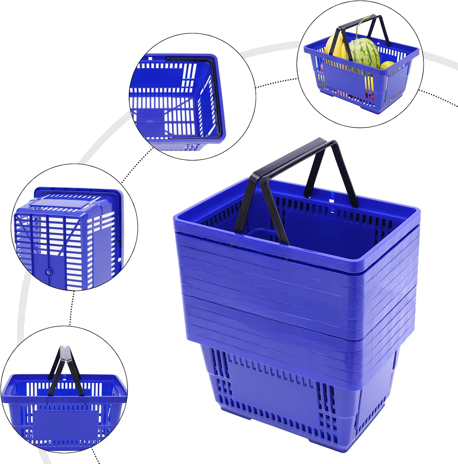 Plastic Shopping Baskets With Handles,18L Storage Baskets For Supermarket, Retail Store, Grocery, Home Organization