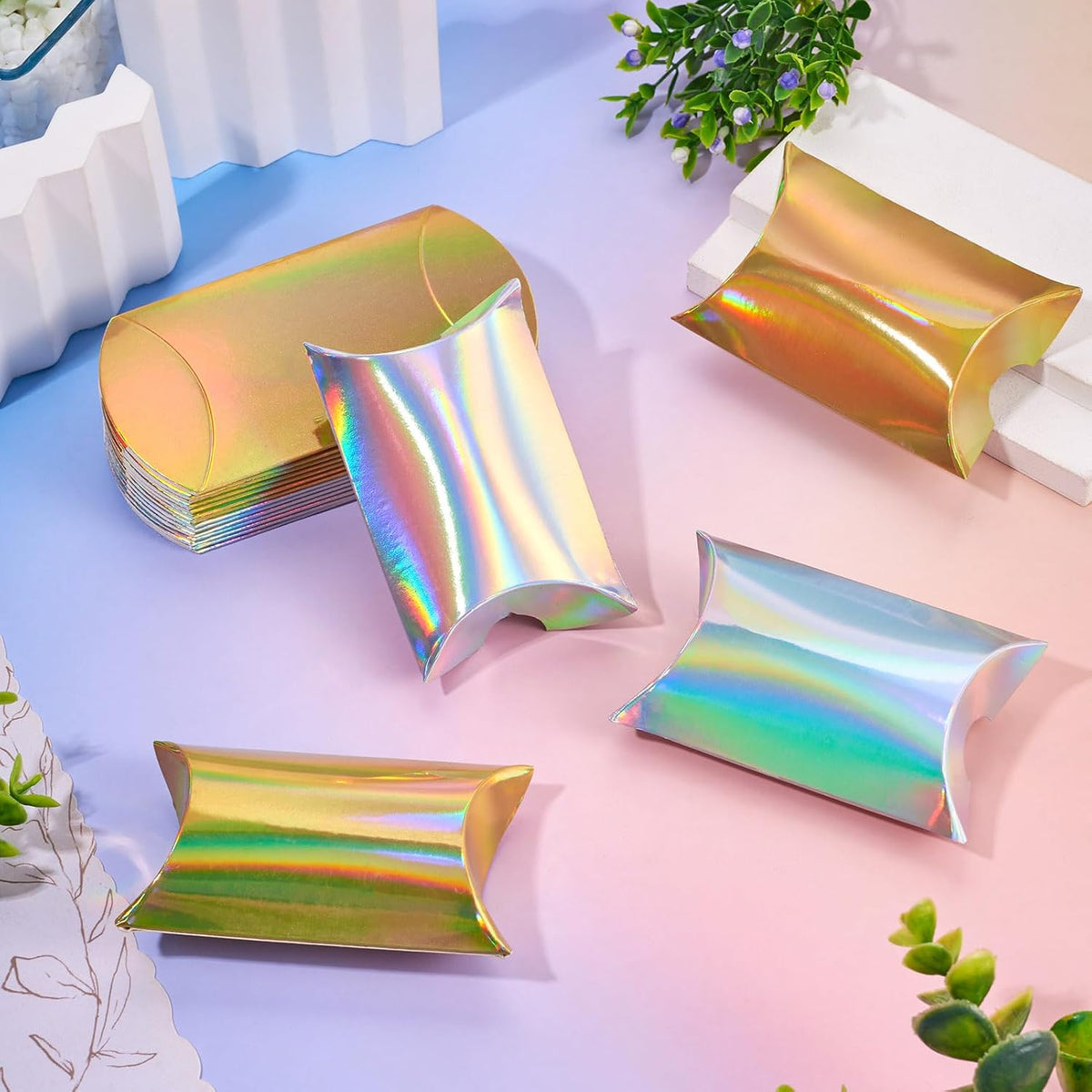 30pcs Mini Pillow Candy Boxes Rainbow Iridescent Small Gift Boxes Paper Candy Treat Box Foldable Rectangle Chocolate