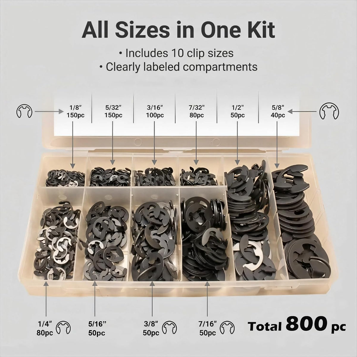 Retaining Rings E Clip Assortment Kit, 800 Pcs, 10-Sizes, INCH