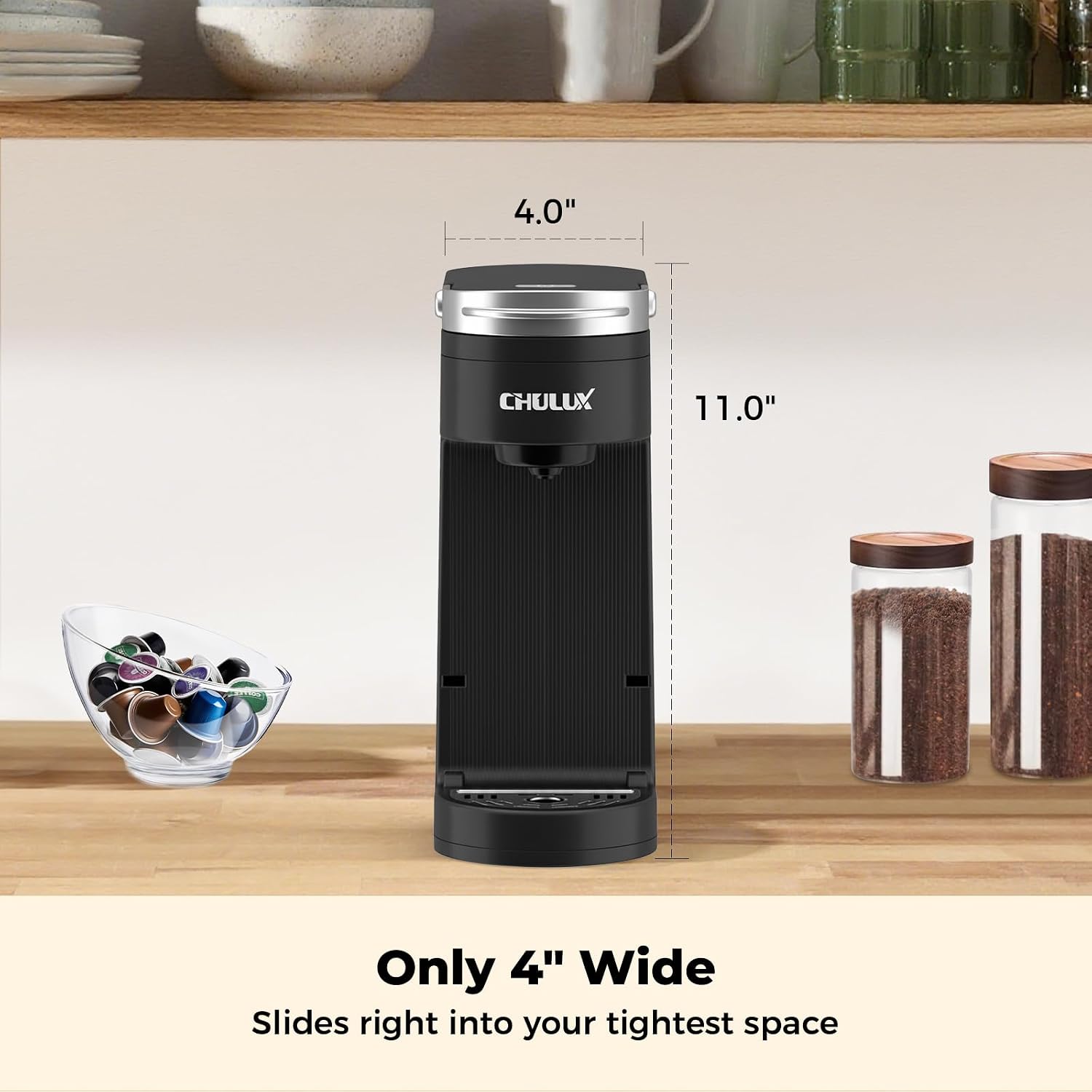 Slim Single Serve Coffee Maker for K Cup, Fast Brewing, Matte Black | Rapid-Heating Boiler Tech, 4-Hole Needle for
