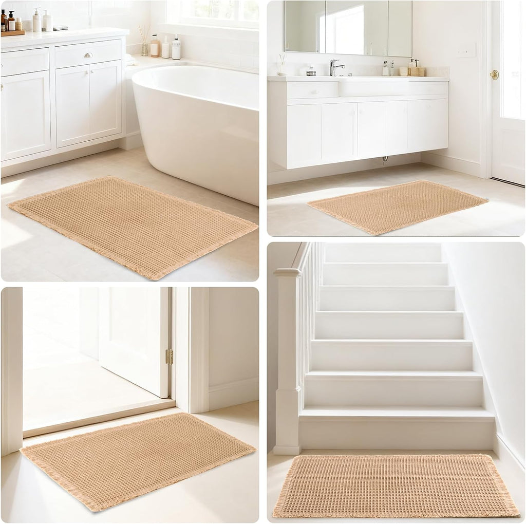 Set of 2 Brown Waffle Bath Mat 16" x 24" + 20" x 32" | Super Absorbent Non Slip Bathroom Boho Rug with Tassel