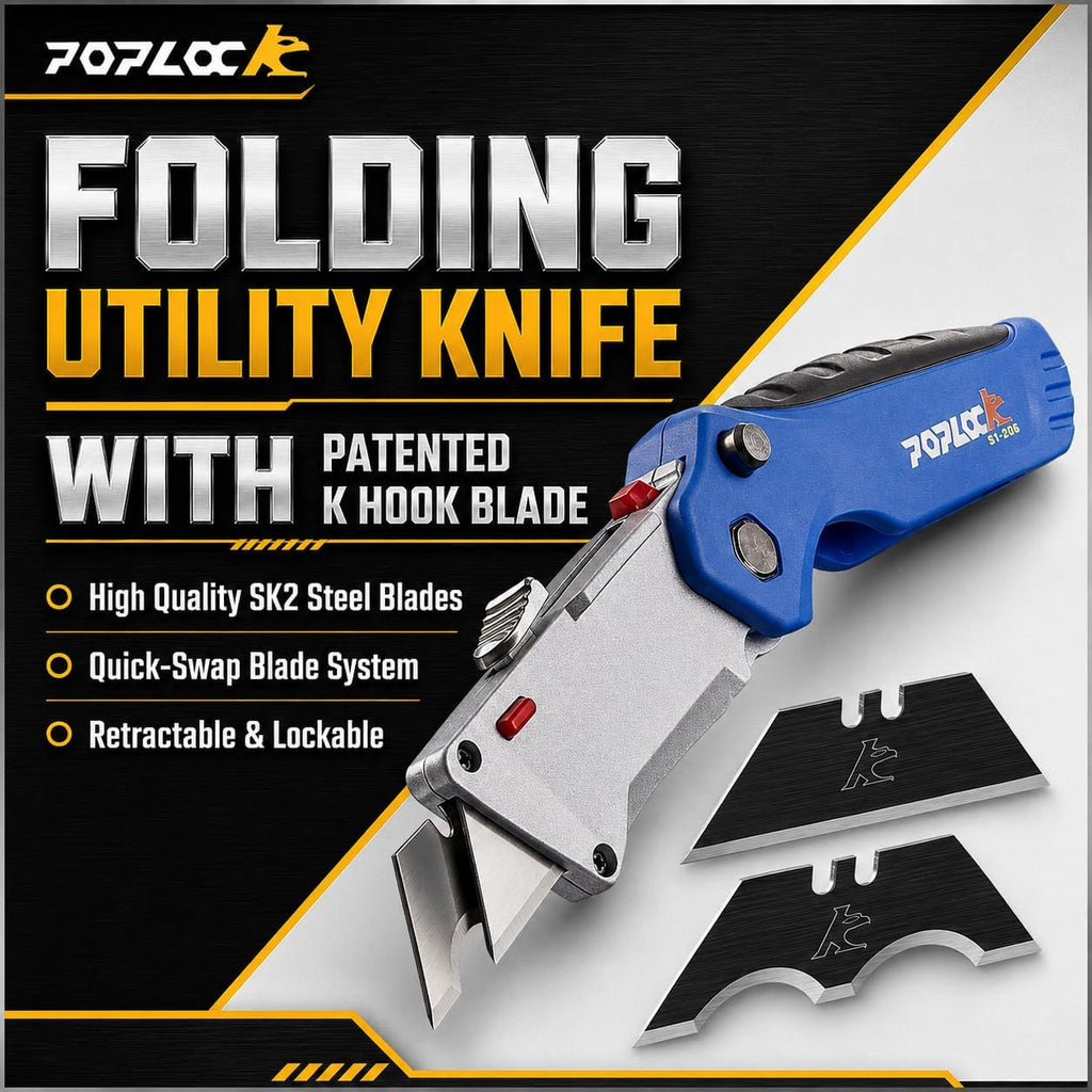 Folding Utility Knife with K-Hook & Straight Blade, Hook Blade Box Cutter for Cable Jacket, Duct, Drywall, Roofing &