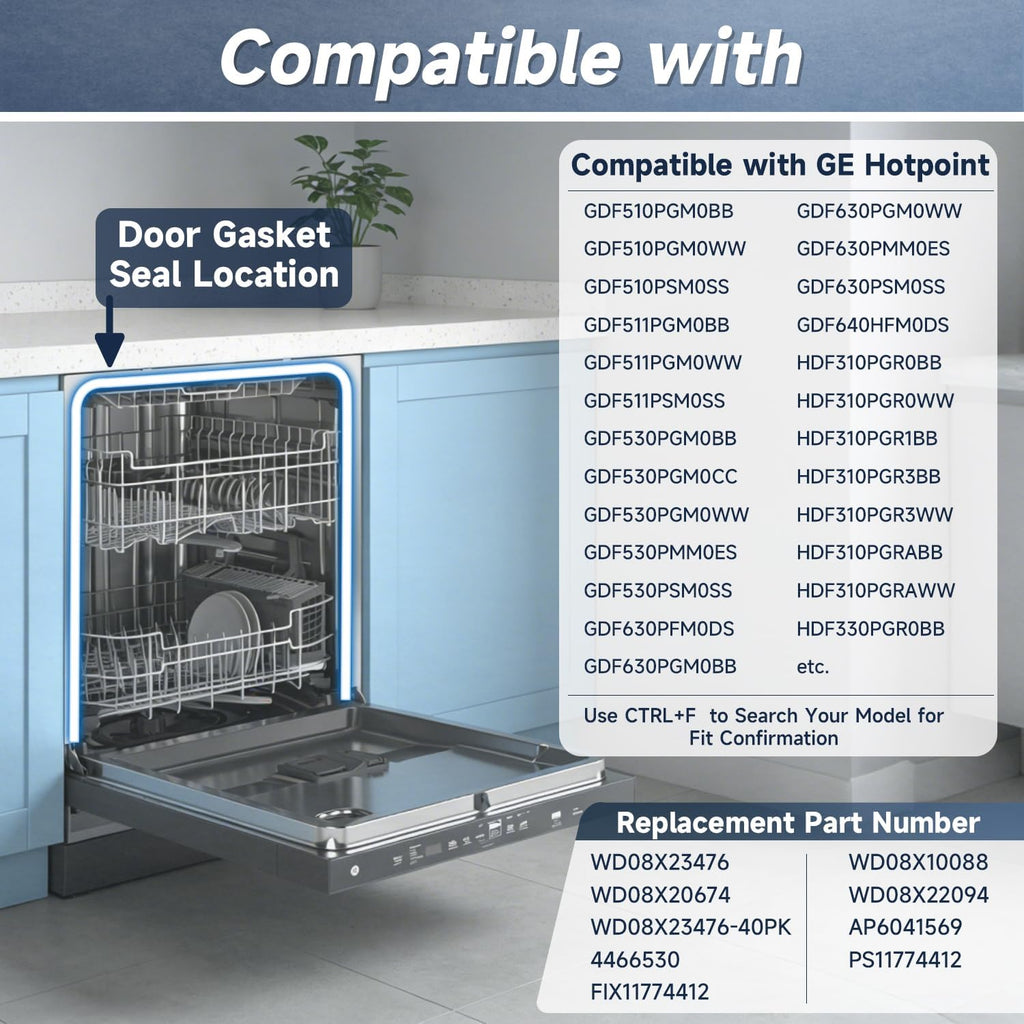 Dishwasher Door Gasket Seal Tub Gasket Replacement Compatible with GE Hotpoint Dishwashers Replace#: WD08X23476 WD08X10088 WD08X20674 WD08X22094 WD08X23476-40PK AP6041569
