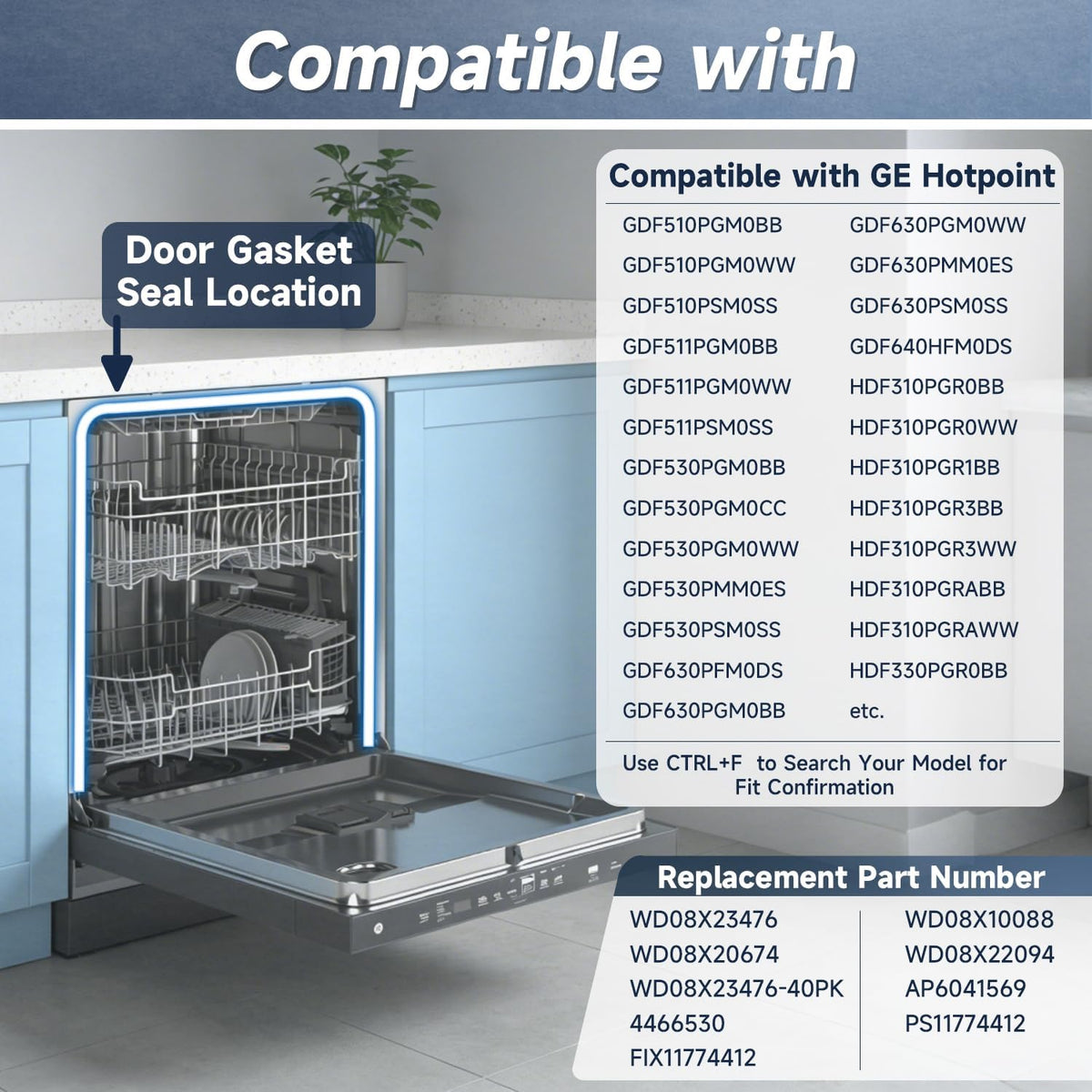 Dishwasher Door Gasket Seal Tub Gasket Replacement Compatible with GE Hotpoint Dishwashers Replace#: WD08X23476 WD08X10088 WD08X20674 WD08X22094 WD08X23476-40PK AP6041569