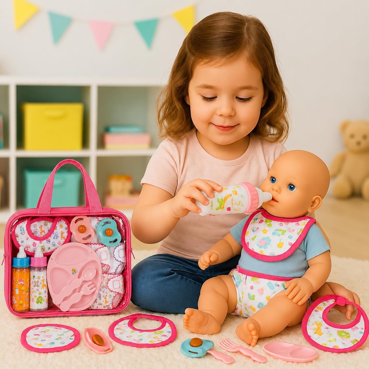 My Sweet Baby 13-Piece Doll Feeding & Diaper Bag Set – Disappearing Milk Bottles, Bibs, Pacifiers, Diapers &