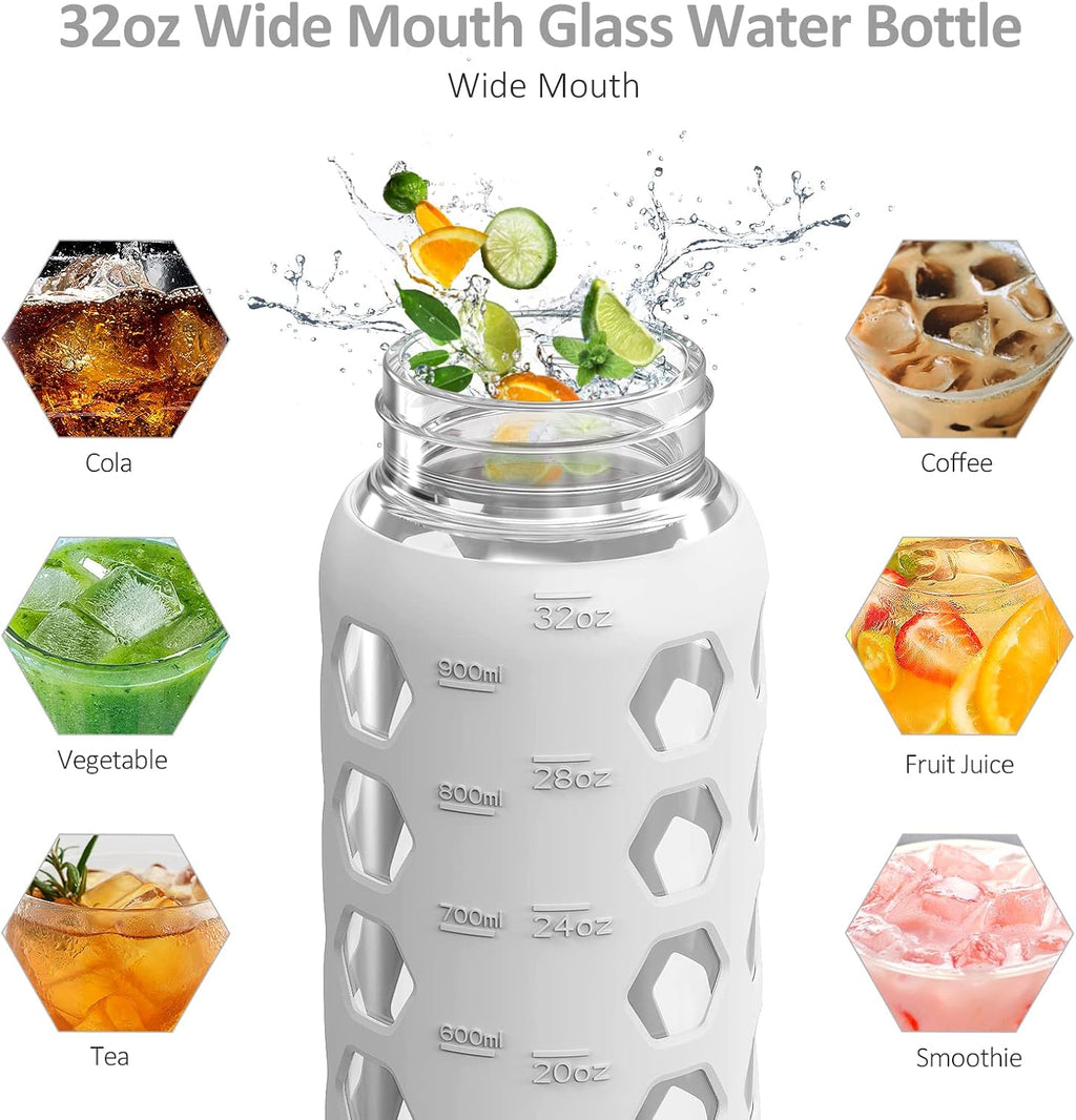 Glass Water Bottle, 32oz, White | 1 Liter Glass Tumbler, 2 Lids - Handle Spout Lid & Bamboo Straw Lid, Motivational