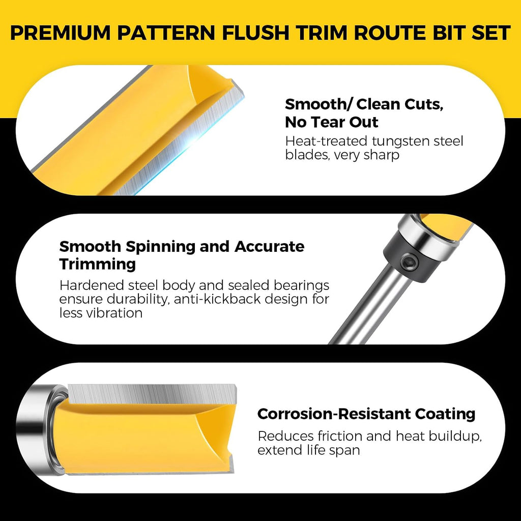 4PCS Flush Trim Route Bit 1/4 Shank with Bearing, Prevent Tear-Out | 4 Cutting Lengths, Straight Cut Carbide Tipped
