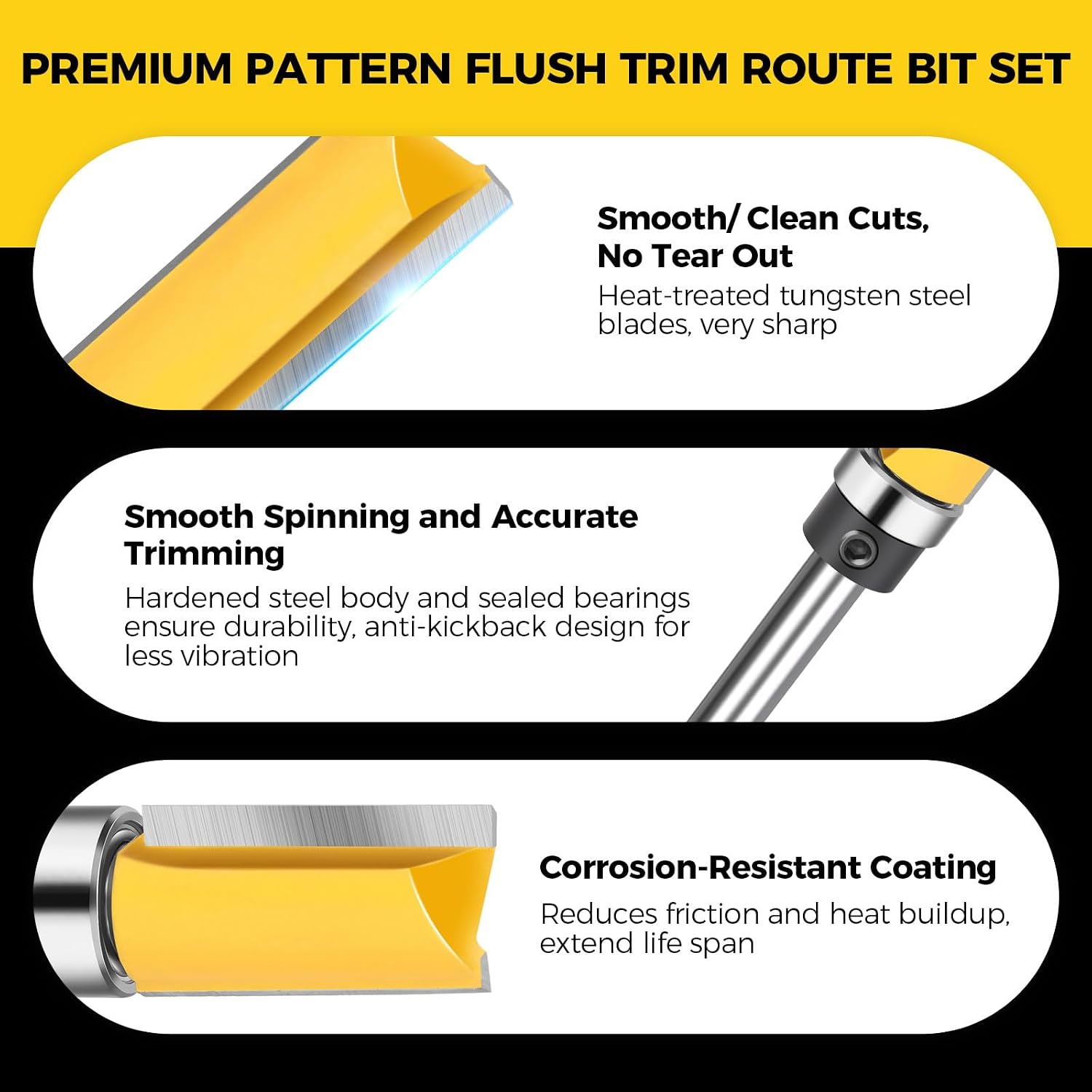 4PCS Flush Trim Route Bit 1/4 Shank with Bearing, Prevent Tear-Out | 4 Cutting Lengths, Straight Cut Carbide Tipped