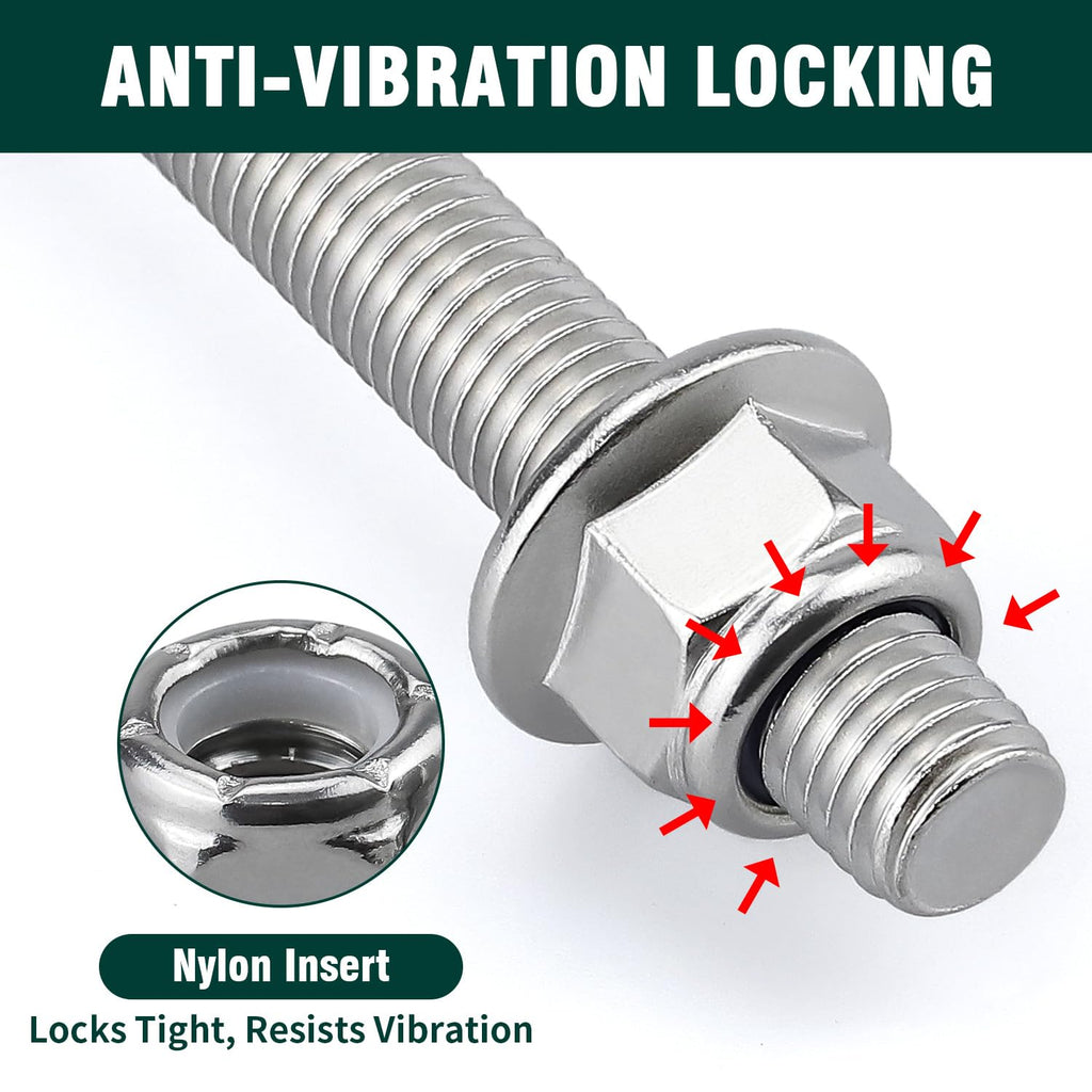 1/4-20 Flanged Nylon Insert Hex Locknuts Lock Nuts, 304 Stainless Steel 18-8, Bright Finish, Coarse Thread UNC, A2-70 SS, 50 Pcs