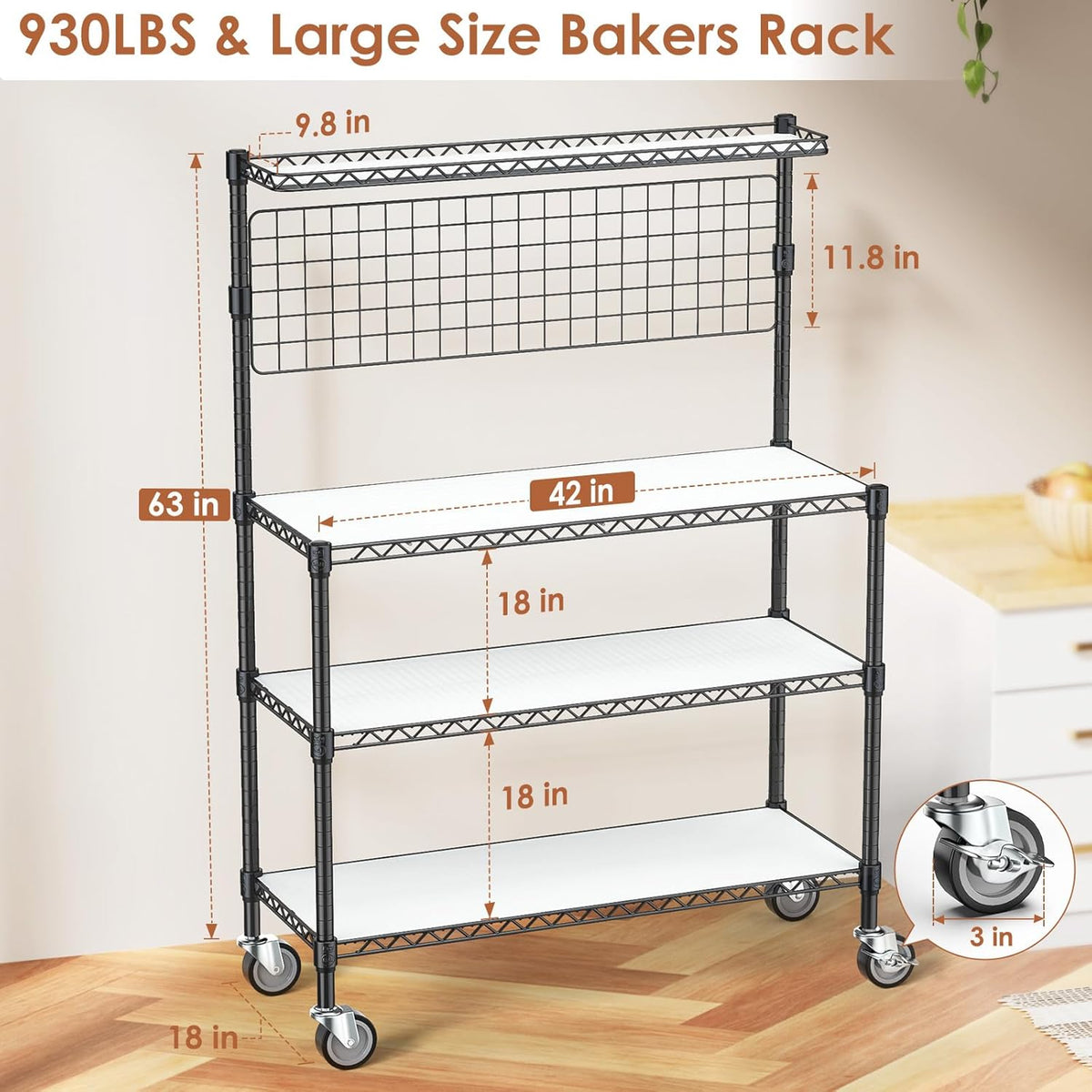 Bakers Rack with Storage & Wheels, 42In Microwave Stand Kitchen Shelves