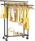 Double Rods Clothes Rack, Rolling Clothing Rack for Hanging Clothes Portable Wardrobe Rack, Metal Garment Rack Sturdy
