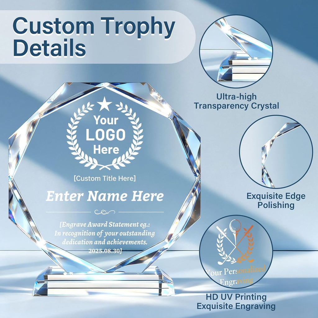 Custom Crystal Trophy Award, Custom Plaque Personalized Engraved with Logo Text, Employee Appreciation Gifts Bulk