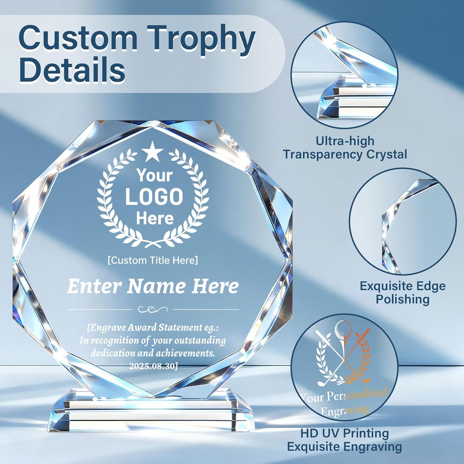 Custom Crystal Trophy Award, Custom Plaque Personalized Engraved with Logo Text, Employee Appreciation Gifts Bulk