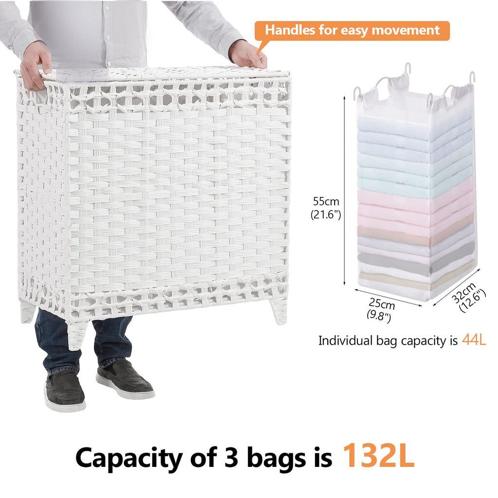Laundry Hamper with 3 Removable Liner Bags, 132L Laundry Sorter with Lid