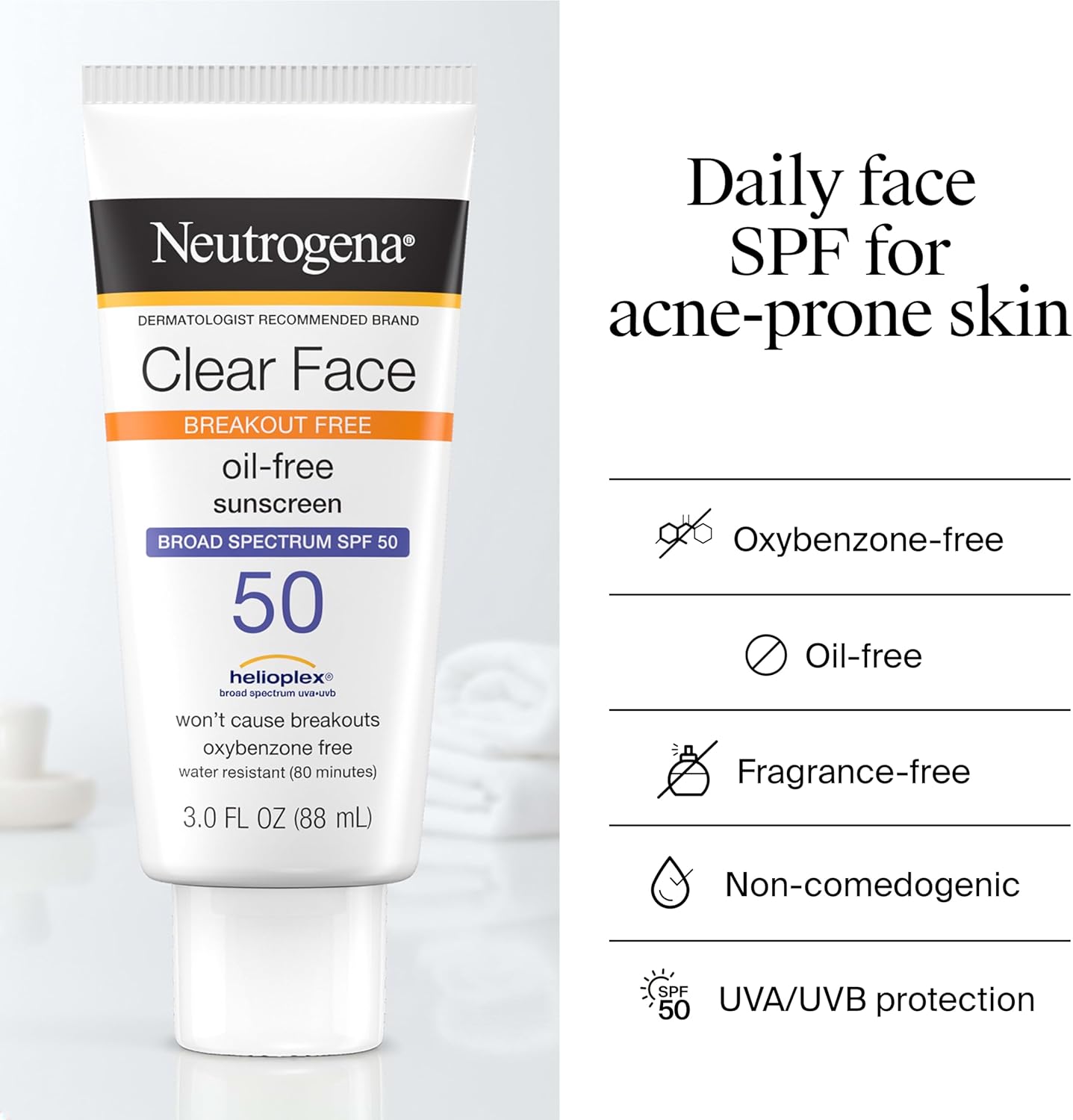 Neutrogena Clear Face Sunscreen Lotion SPF 50, 3 fl. oz | For Acne-Prone Skin, Broad Spectrum UVA/UVB Protection