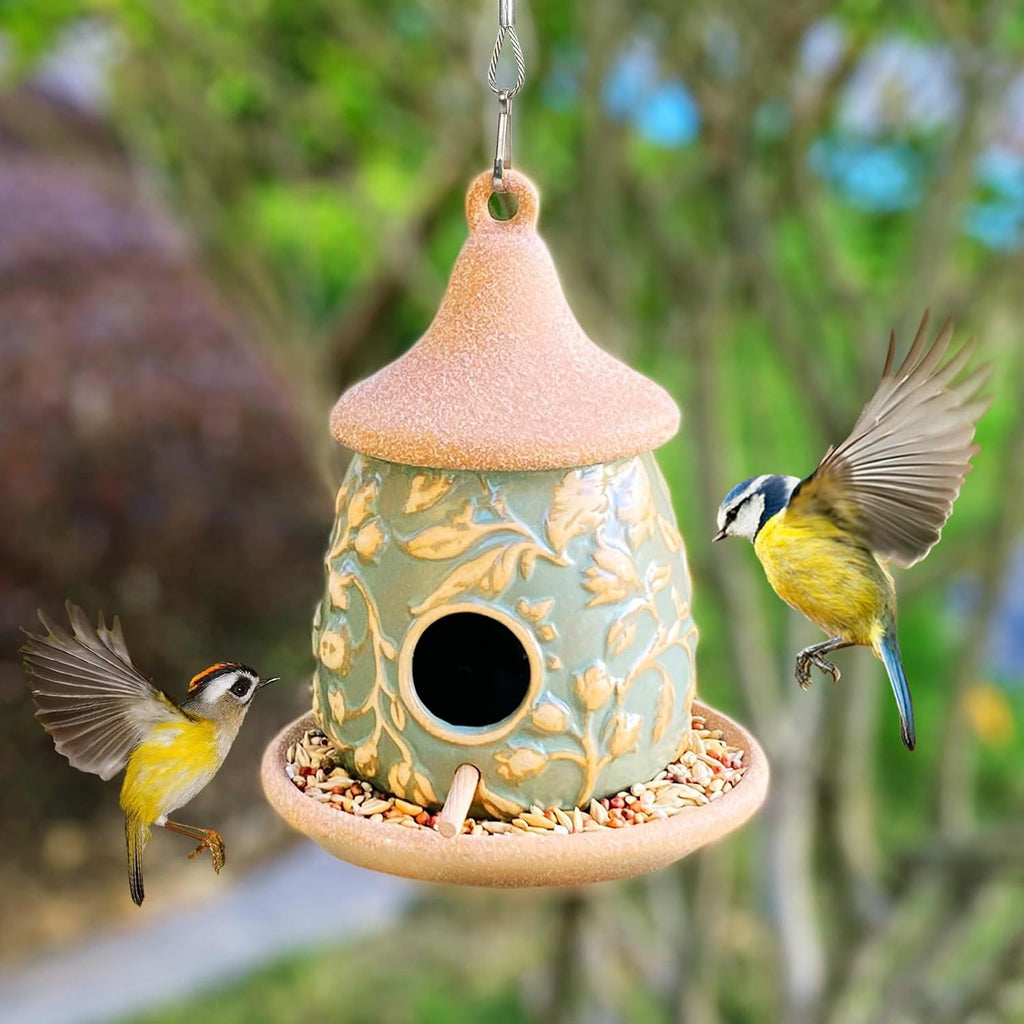 Hanging Bird Houses Ceramic Bird House Feeder with Wooden Pole for Outside Hummingbirds Cardinal Bluebird Nest