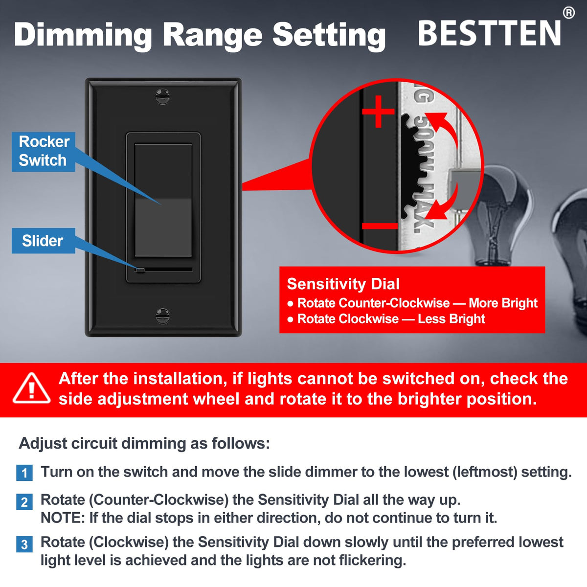 BESTTEN 2PK Dimmer Light Switch, Single Pole or 3-Way, Wallplate Included