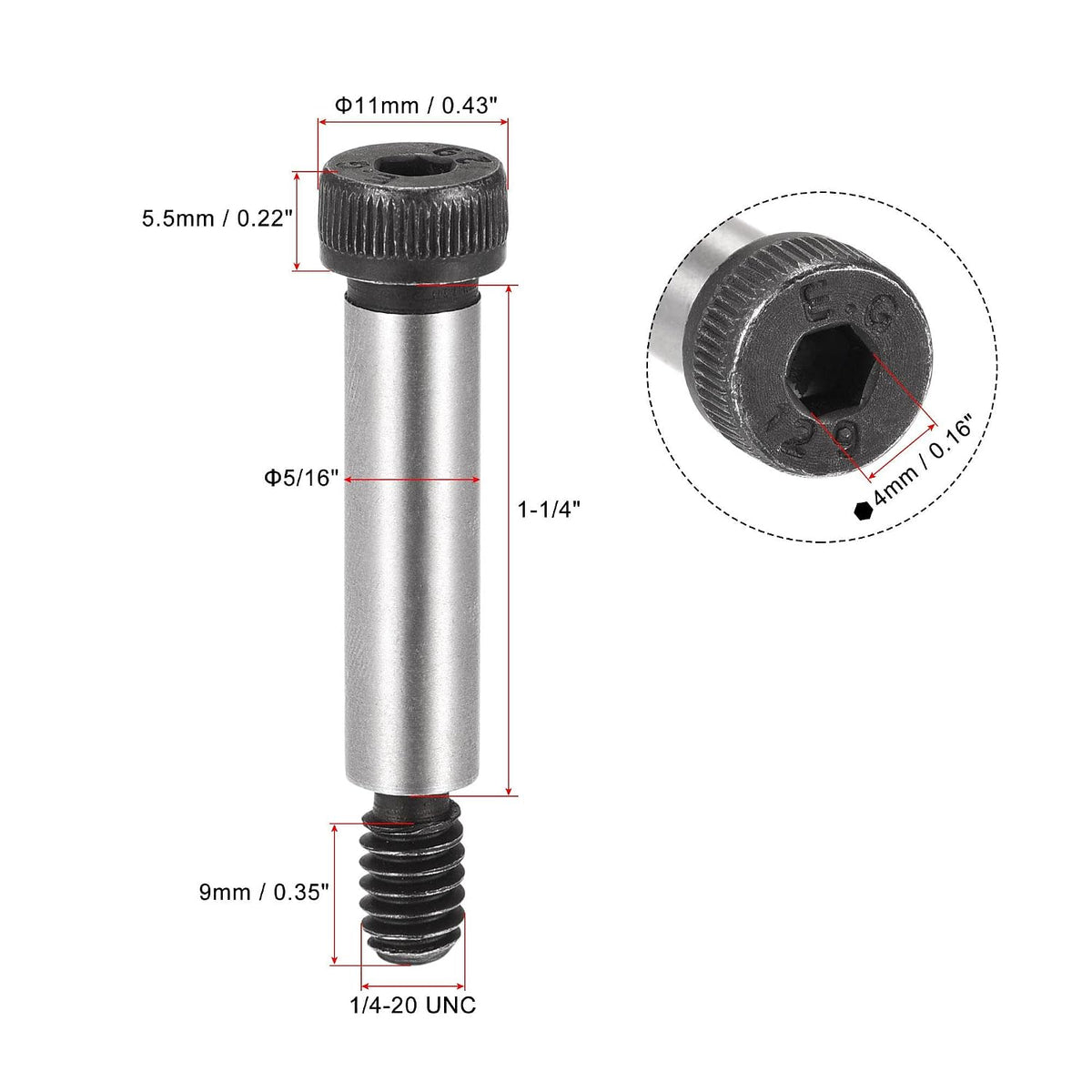 uxcell Alloy Steel Hexagon Socket Head Shoulder Screws Bolts, 1-1/4" Shoulder Length, 5/16" Shoulder Dia, 1/4-20 Thread, 6pcs