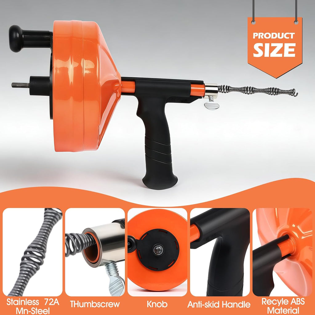 50 Ft Drain Auger,Use Manually or Drill Powered 50 Foot Drain Snake,Heavy Duty Flexible Plumbing Snake,With Gloves