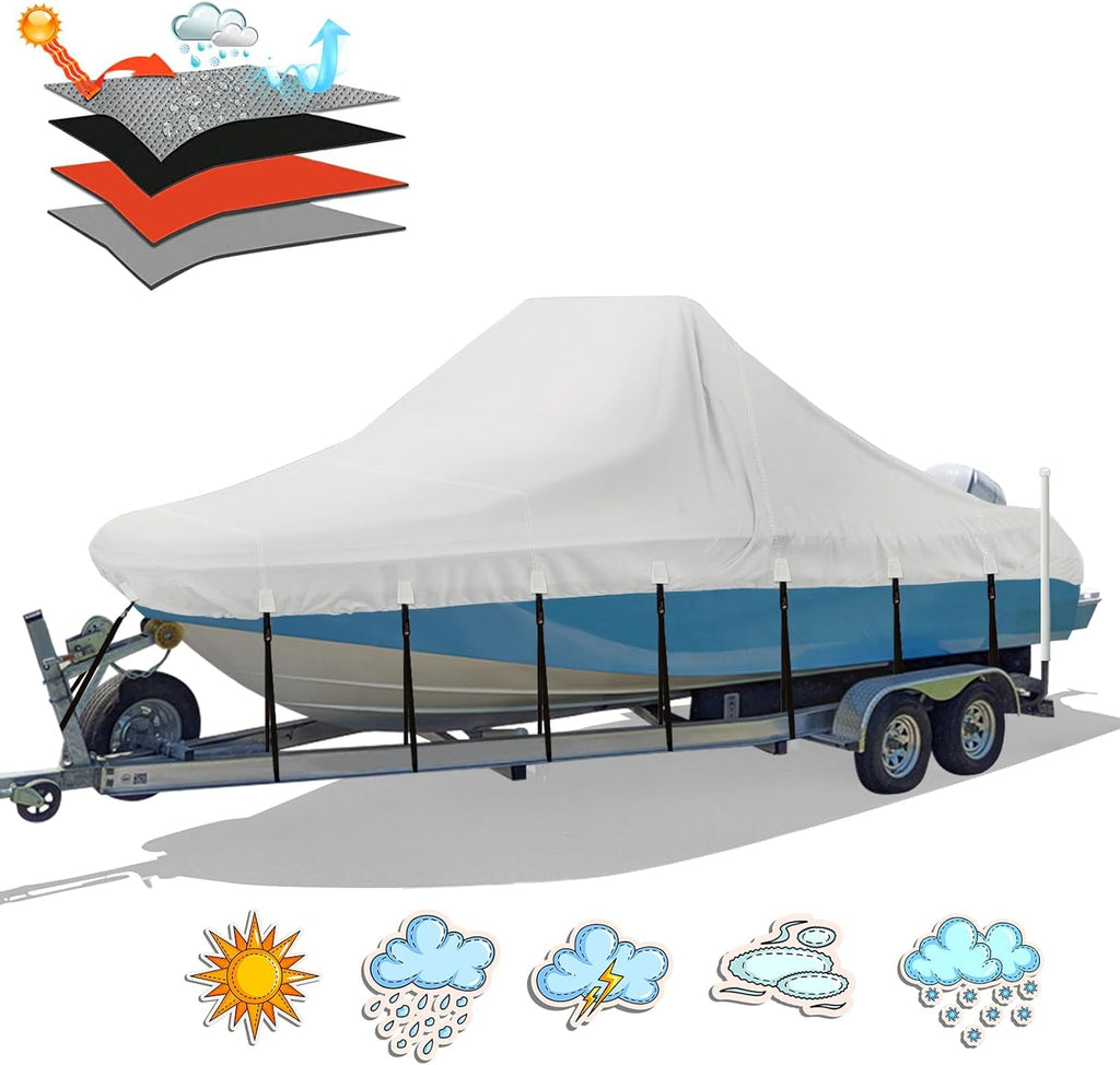 16'-18.5' Center Console Boat Cover, 1300D PU Waterproof Trailerable | Marine Grade Oxford Fabric, UV & Tear