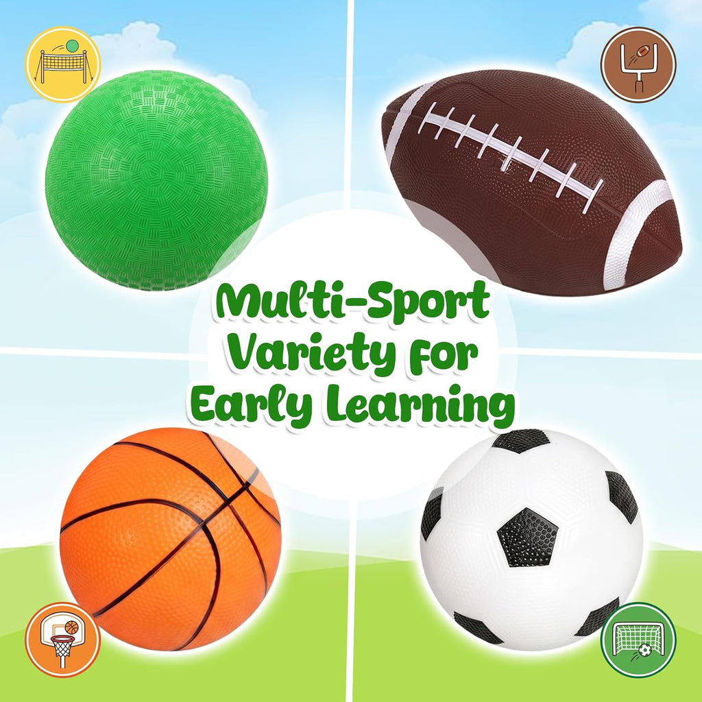 4-Pack Sports Balls for Toddlers & Kids, Playground Balls with Pump, 5-Inch Soccer Ball, Basketball, Kickballs