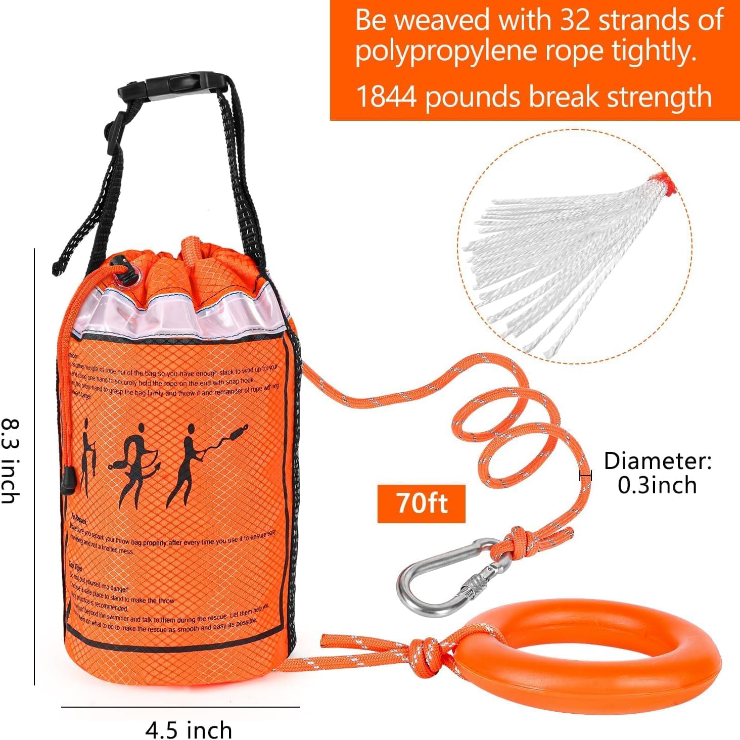 Water Rescue Throw Bag with 50/70/98 Feet of Rope in 3/10 Inch Tensile Strength Rated to 1844lbs, Throwable Device