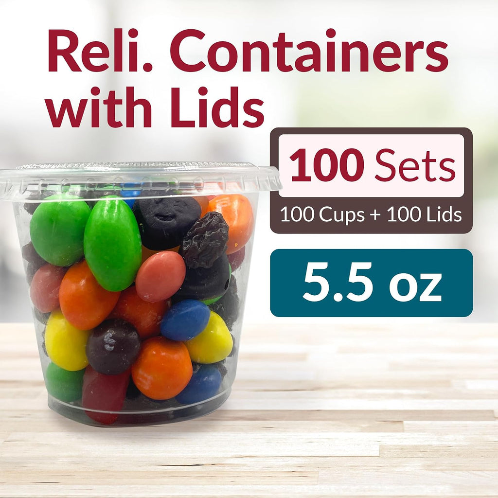 5.5 oz Condiment Containers with Lids (100 sets) | Ideal for Sauce, Souffle, Samples, Jello Shot Cups | Disposable