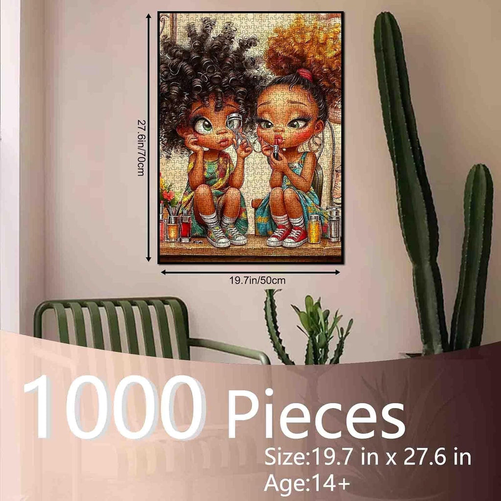 Fashion Little Girl 1000 Piece Jigsaw Puzzle for Adults Black Girl Makeup Scene Puzzle Beauty Theme Friendship