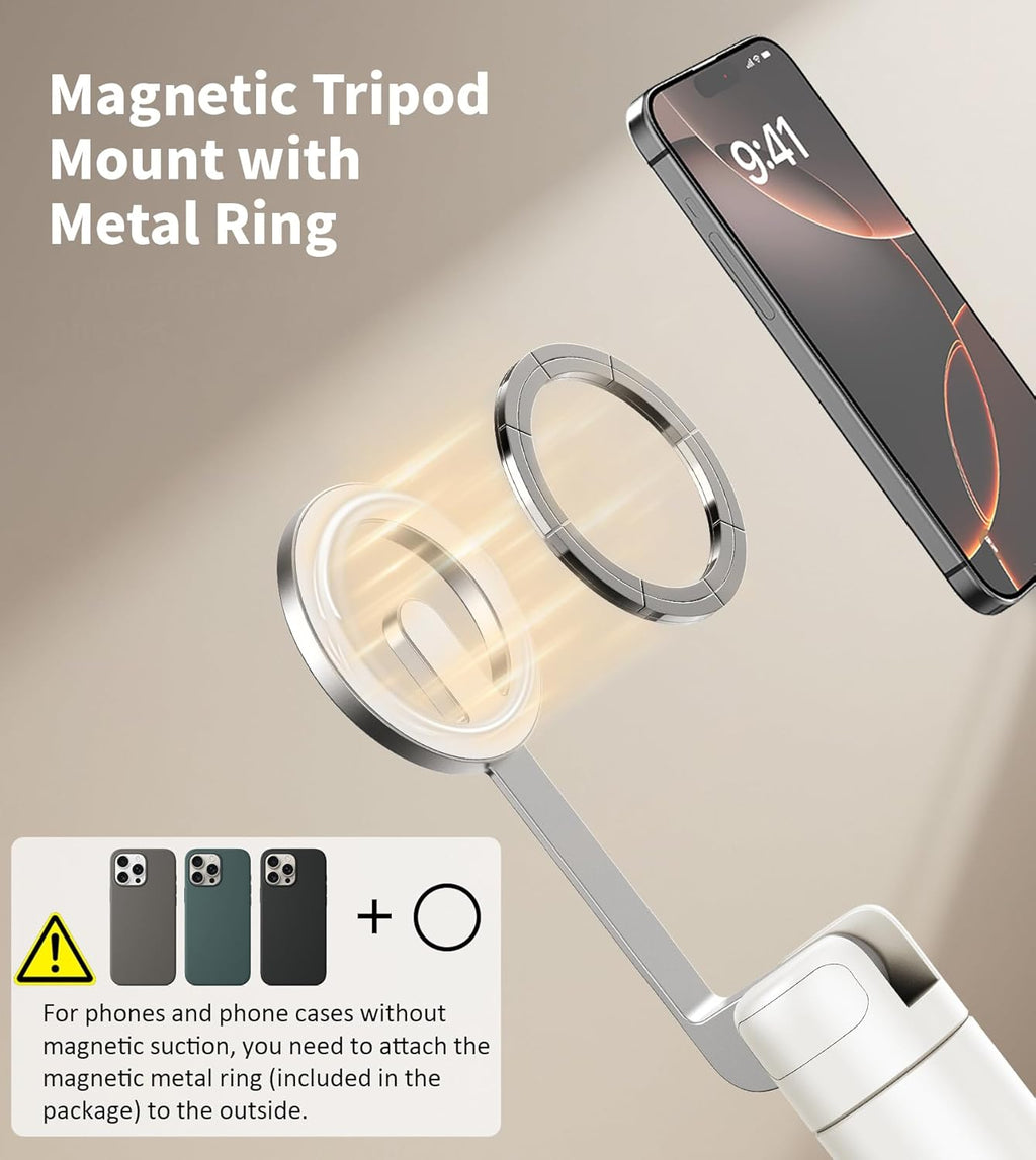 68" Magnetic Aluminum Phone Tripod Selfie Stick for iPhone & Android | Rechargeable Remote,360° Rotatable Foldable