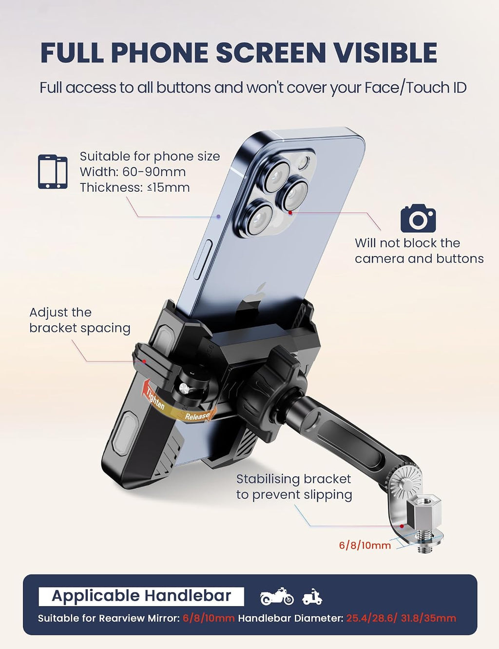 Motorcycle Phone Mount, 1S Quick Release. Anti Shake Motorbike Phone Holder for 4.0-7.0 Inch Smartphone for