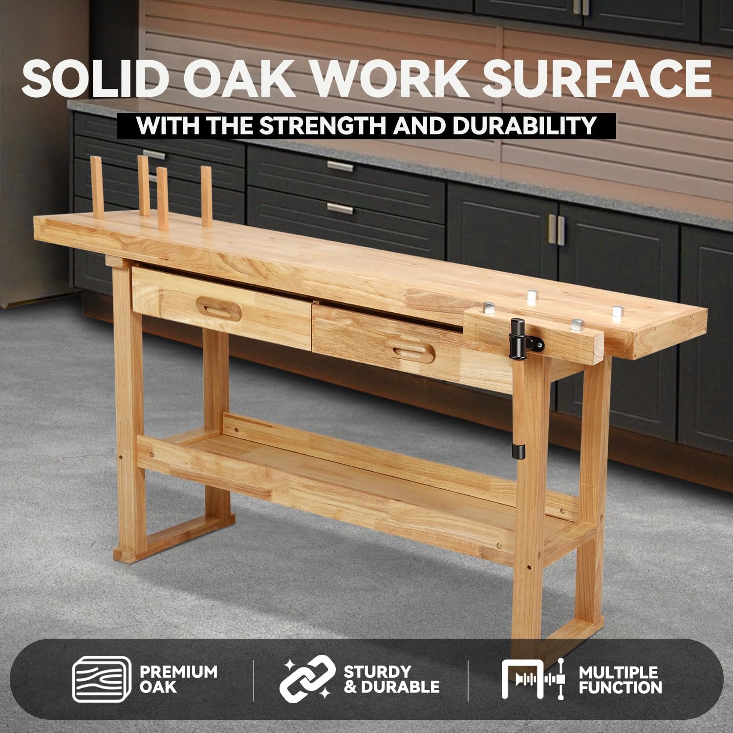 60" Wood Workbench, Heavy Duty w/Adjustable Handle, Workshop | 500Lbs Load Capacity, Woodworking Bench, Natural Wood